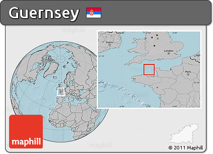 Blank Location Map of Guernsey, gray outside, hill shading outside