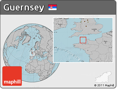 Blank Location Map of Guernsey, gray outside, hill shading outside
