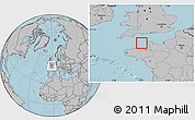 Blank Location Map of Guernsey, gray outside, hill shading outside