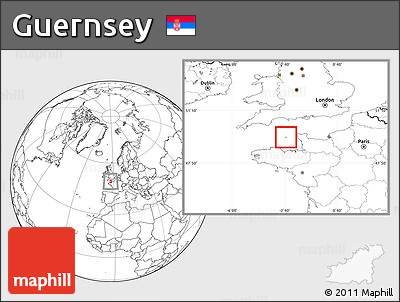 Gray Location Map of Guernsey, blank outside, hill shading inside