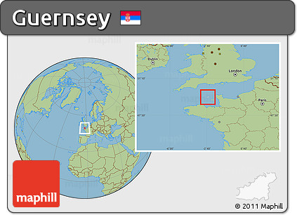 Gray Location Map of Guernsey, savanna style outside, hill shading inside