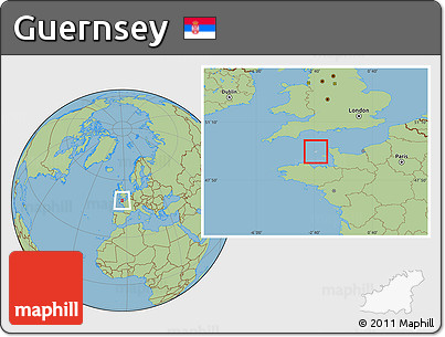 Gray Location Map of Guernsey, savanna style outside, hill shading inside