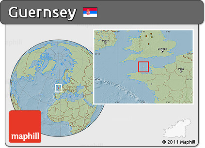 Gray Location Map of Guernsey, savanna style outside, hill shading outside