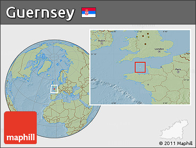 Gray Location Map of Guernsey, savanna style outside, hill shading outside