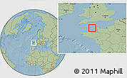 Gray Location Map of Guernsey, savanna style outside, hill shading outside