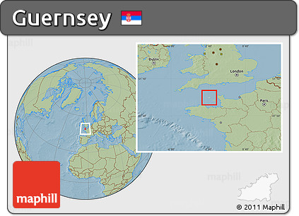Gray Location Map of Guernsey, savanna style outside, hill shading