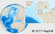 Gray Location Map of Guernsey, shaded relief outside, hill shading