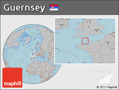 Physical Location Map of Guernsey, gray outside, hill shading