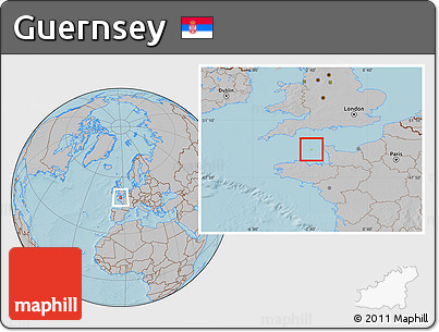 Physical Location Map of Guernsey, gray outside, hill shading
