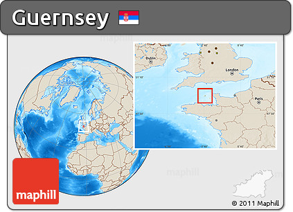 Savanna Style Location Map of Guernsey, shaded relief outside, hill shading