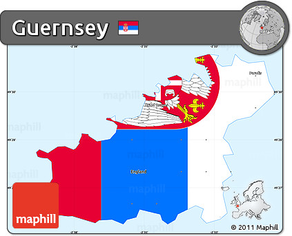 Flag Simple Map of Guernsey, single color outside, borders and labels, flag aligned to the middle