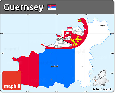 Flag Simple Map of Guernsey, single color outside, borders and labels, flag aligned to the middle