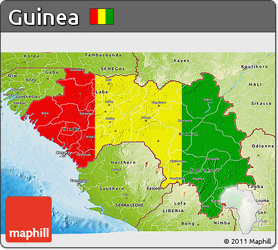 Flag 3D Map of Guinea, physical outside, bathymetry sea, flag centered