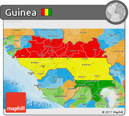 Flag 3D Map of Guinea, political outside, flag rotated