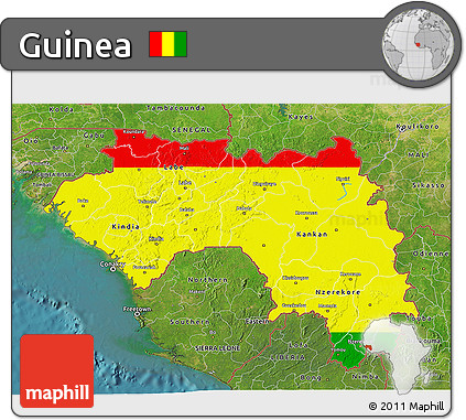Flag 3D Map of Guinea, satellite outside, flag aligned to the middle