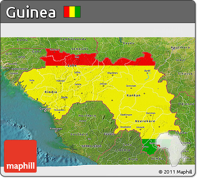 Flag 3D Map of Guinea, satellite outside, flag aligned to the middle
