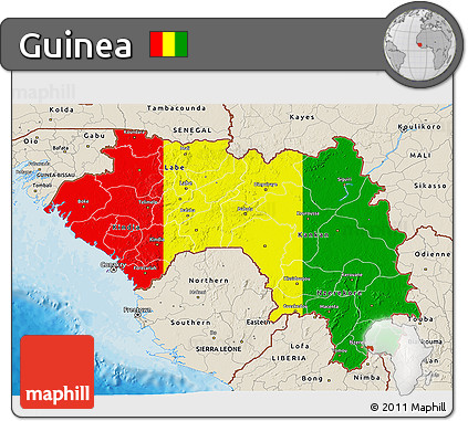 Flag 3D Map of Guinea, shaded relief outside, bathymetry sea, flag centered