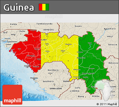 Flag 3D Map of Guinea, shaded relief outside, bathymetry sea, flag centered