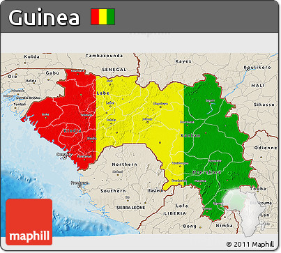 Flag 3D Map of Guinea, shaded relief outside, bathymetry sea, flag centered