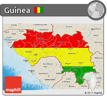 Flag 3D Map of Guinea, shaded relief outside, bathymetry sea, flag rotated