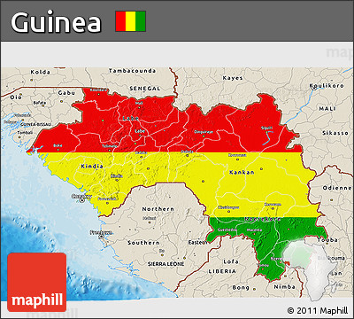 Flag 3D Map of Guinea, shaded relief outside, bathymetry sea, flag rotated