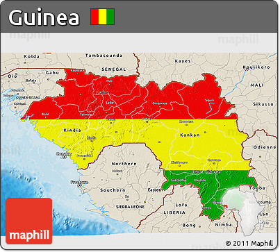 Flag 3D Map of Guinea, shaded relief outside, bathymetry sea, flag rotated