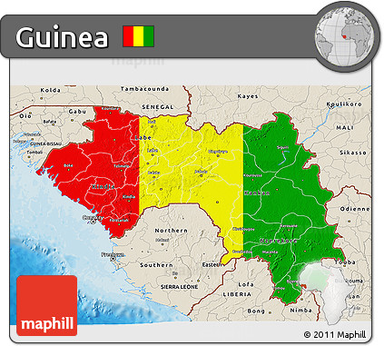 Flag 3D Map of Guinea, shaded relief outside, bathymetry sea