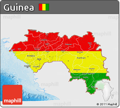 Flag 3D Map of Guinea, single color outside, bathymetry sea, shaded relief sea, flag rotated