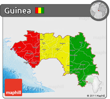 Flag 3D Map of Guinea, single color outside, bathymetry sea, shaded relief sea