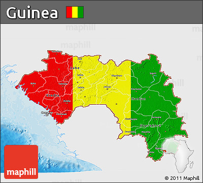Flag 3D Map of Guinea, single color outside, bathymetry sea, shaded relief sea