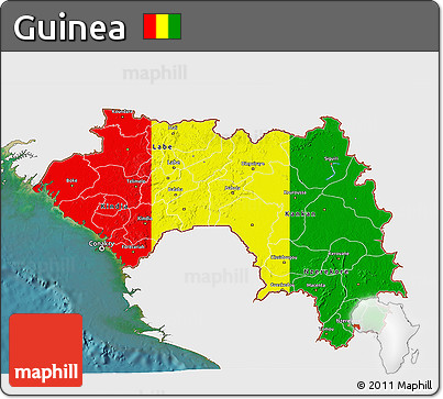 Flag 3D Map of Guinea, single color outside, satellite sea, flag centered