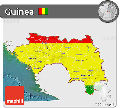 Flag 3D Map of Guinea, single color outside, satellite sea, flag aligned to the middle