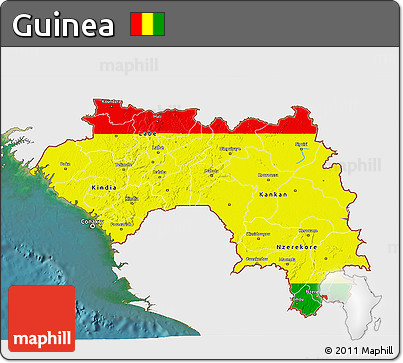 Flag 3D Map of Guinea, single color outside, satellite sea, flag aligned to the middle