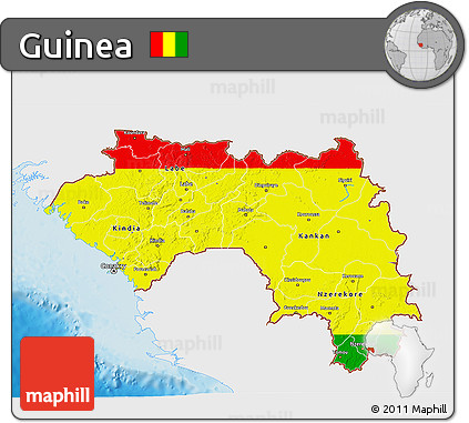 Flag 3D Map of Guinea, single color outside, shaded relief sea, flag aligned to the middle