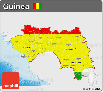 Flag 3D Map of Guinea, single color outside, shaded relief sea, flag aligned to the middle