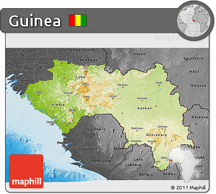 Physical 3D Map of Guinea, darken, desaturated, land only