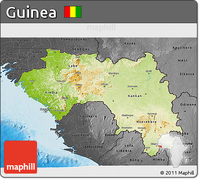 Physical 3D Map of Guinea, darken, desaturated, land only