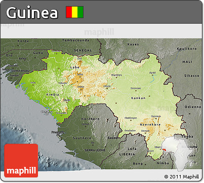 Physical 3D Map of Guinea, darken, semi-desaturated