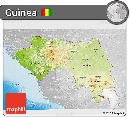 Physical 3D Map of Guinea, lighten, desaturated, land only