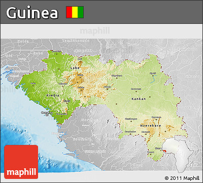 Physical 3D Map of Guinea, lighten, desaturated, land only