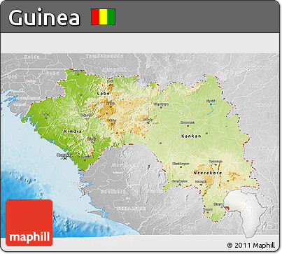 Physical 3D Map of Guinea, lighten, desaturated, land only