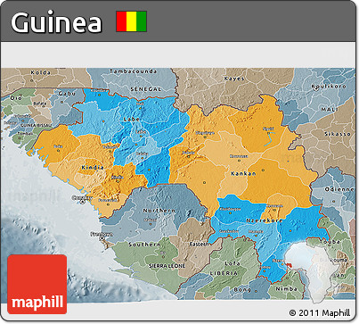Political 3D Map of Guinea, semi-desaturated
