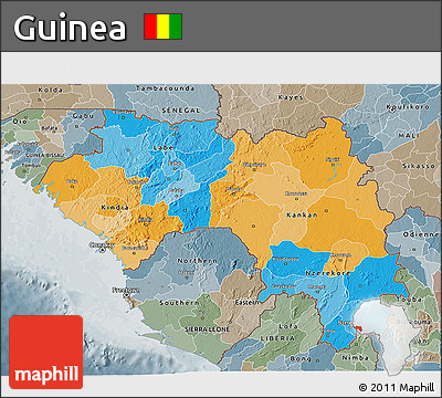 Political 3D Map of Guinea, semi-desaturated