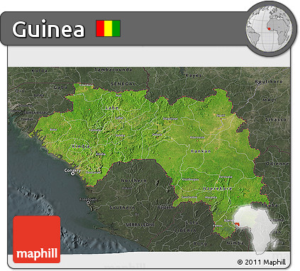 Satellite 3D Map of Guinea, darken, semi-desaturated