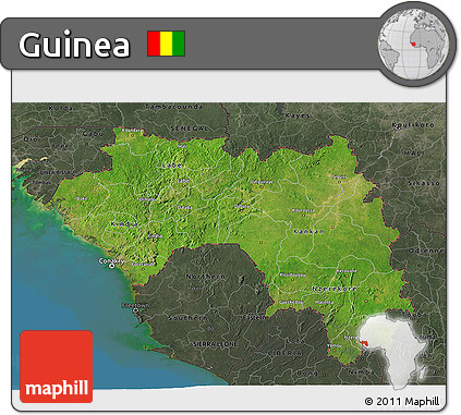 Satellite 3D Map of Guinea, darken, semi-desaturated, land only