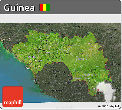 Satellite 3D Map of Guinea, darken, semi-desaturated, land only