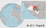 Gray Location Map of Dinguiraye, highlighted country, highlighted parent region, within the entire country, hill shading