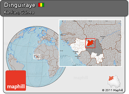 Gray Location Map of Dinguiraye, highlighted country, highlighted parent region, hill shading