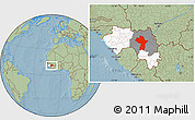 Savanna Style Location Map of Kouroussa, highlighted country, highlighted parent region, hill shading