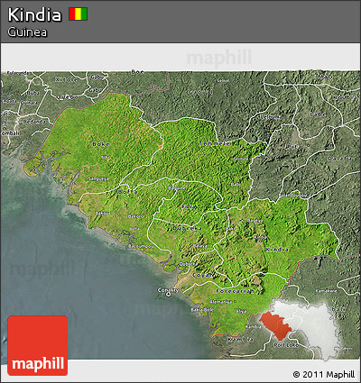 Satellite 3D Map of Kindia, semi-desaturated